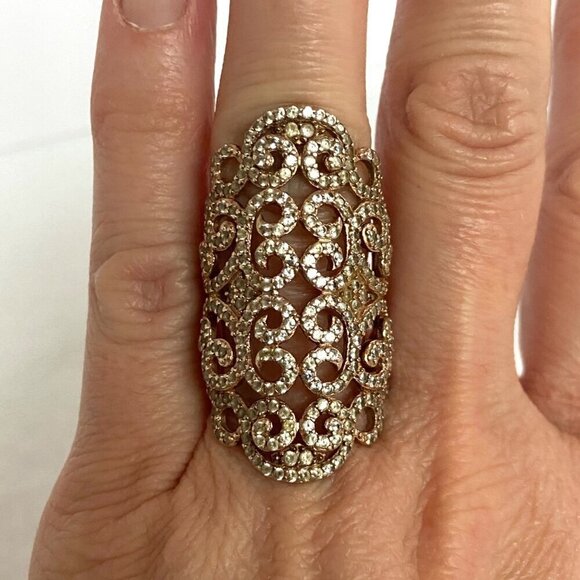 Rose Gold Plated Sterling Silver 925 Scrollwork White Sapphire Ring Sz 6.75 - Picture 13 of 16